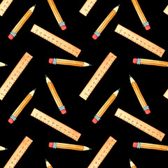 Seamless pattern of school supplies. Hand-drawn Doodle illustrations. Back to school.