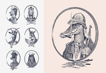 Animal characters set. Crocodile safari hunter Llama Deer lady Walrus Goat Dog Donkey Alpaca. Hand drawn portrait. Engraved monochrome sketch for card, label or tattoo. Hipster Anthropomorphism.