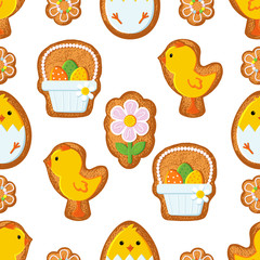 .Eggs, basket, chick and flower with different pattern icing. Vector seamless pattern. Easter gingerbread cookies design.