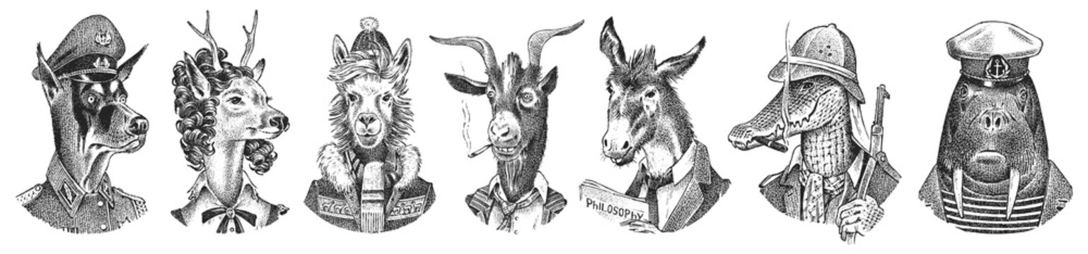 Animal characters set. Smoking Goat Llama skier Deer lady Walrus Crocodile Dog Donkey Alpaca. Hand drawn portrait. Engraved monochrome sketch for card, label or tattoo. Hipster Anthropomorphism.