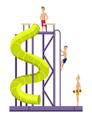 Colorful aquapark water tube with playing children. Attraction in waterpark. Flat style isolated vector illustration. Vector design