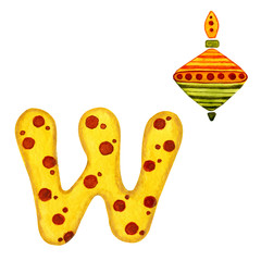 Letter W of multi-colored cartoon English alphabet with pictures. Hand closeup watercolor illustration isolated on white background. The concept of training and design of children's products.
