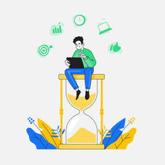 Happy man or guy sitting on hourglass and working on his tablet, business and management icons on background. Time management, multitasking and deadline concept, vector illustration