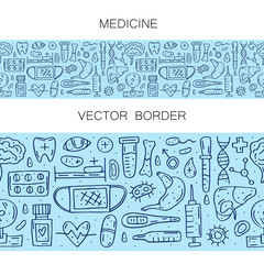 Medicine equipment, human organs, pills and blood elements cartoon doodle hand drawn vector seamless border, pattern, texture, background. Colorful cute design. Isolated on light blue background. 
