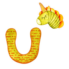 Letter U of multi-colored cartoon English alphabet with pictures. Hand closeup watercolor illustration isolated on white background. The concept of training and design of children's products.