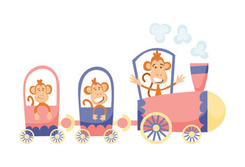 Cartoon set with different animals on trains. Monkeys. Flat vector elements for postcard, book or print