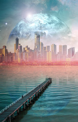 Science fiction book cover design. Alien planet landscape - Long wooden pier at sunset with modern city skyscrapers skyline and planet on the horizon. Elements of this image are furnished by NASA
