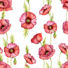 Watercolor poppy flowers. Isolated. Hand painted illustration. Red flowers for fabric, textile, wallpaper, background, spring design, digital paper, scrapbooking, stickers, invitation, greeting cards