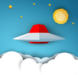 Red ufo spaceship fly over clouds with star and planet. Science concept inspiration. Paper art cartoon 3d realistic trendy craft style. Modern origami design template. Funny cute vector illustration.