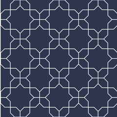 Decorative seamless ornamental vector pattern. Geometric oriental design. Eastern repeatable blue background. White thin elegant texture