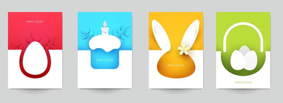 Happy easter concept. Set holiday background for cover, invitation, poster, banner, flyer, placard. Minimal template design for branding, advertising in paper cut style. Vector illustration.