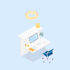 Modern isometric office cubicle in blue. Vector illustration in flat design, isolated.