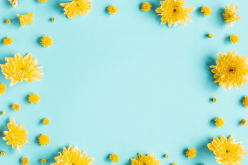 Flowers composition. Frame made of yellow chrysanthemum flowers on blue background. Flat lay, top view