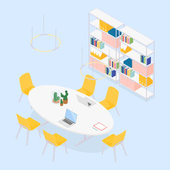 Modern isometric conference room in blue. Vector illustration in flat design, isolated.