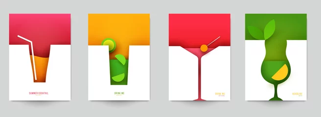 Fotobehang Set of abstract silhouette cocktails with alcohol or juice in minimalistic geometric flat style. Creative colorful composition. Concept for branding menu, cover, flyer, banner. Vector illustration. © cgterminal