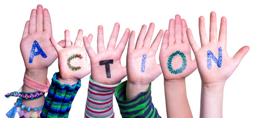 Children Hands Building Colorful Word Action. White Isolated Background