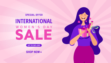 Cartoon girl opens a surprise box with a gift. Greeting card with International Womens Day sale on a pink background