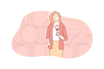 Wine, degustation, winery concept. Young woman is tasting new sort of wine. Happy girl is excited by taste of alcoholic drink at winery. Sommelier degustates variety of beverages. Simple flat vector
