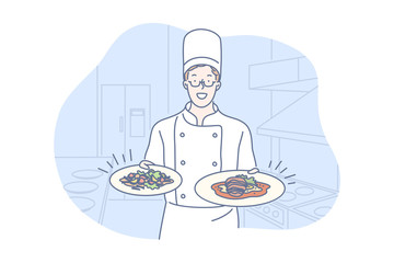 Restaurant, cooking, dish, presentation concept, Young man chef is standing in restaurant kitchen, holding two delicious dishes from new menu. Happy boy cooker offers degustation. Simple flat vector