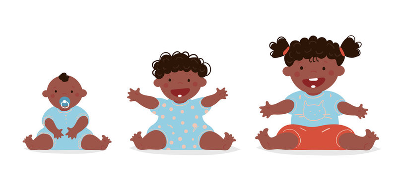 Cute black little girl. Baby growth periods, newborn, toddler. Flat cartoon vector afro character isolated on white background.