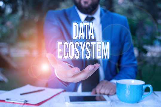 Word writing text Data Ecosystem. Business photo showcasing collection of infrastructure used to capture and analyze data Man with opened hands in fron of the table. Mobile phone and notes on the