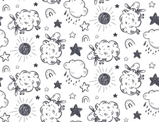 Vector seamless pattern with hand drawn sheep animals, sun, star. Black and white endless background.