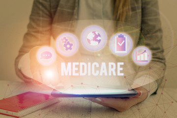 Writing note showing Medicare. Business concept for the federal government plan in US for paying...