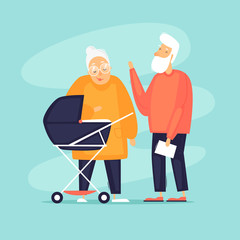 Grandfather and grandmother with grandchildren. Generation. Flat design vector illustration.