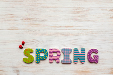 Word spring in wooden letters with wood ladybirds on wooden vintage background