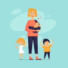 Mother of many children. Flat design vector illustration.