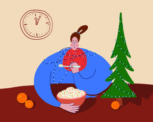 vector greeting card holiday table, woman eating salad, single woman on holiday, celebrating new year