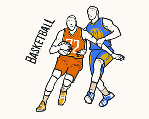 Fototapeta na wymiar vector illustration, outline. athletes basketball players play ball, competition, game, championship. Illustration for logo, sticker, poster, form