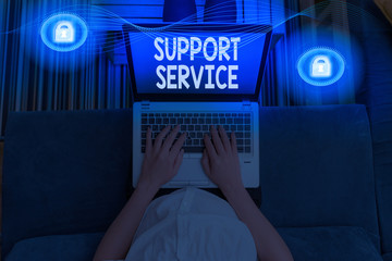 Writing note showing Support Service. Business concept for activity for execution of a product or...