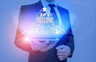 Writing note showing Decline. Business concept for Become smaller fewer less Decrease Politely refuse reject say no