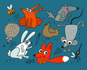 vector image, a set of vector wild animals in the forest. Illustration of cartoon animal characters for books and postcards