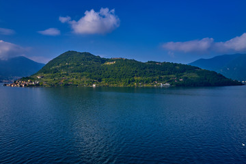 Flight on drone, aerial view of lake Iseo - Lago d'Iseo, Italy.	