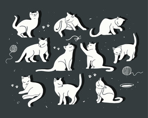 vector illustration of a set of black cats in different poses. character cats, cat stickers with toys and shadows
