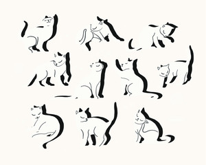 vector illustration of a set of black cats in different poses. mood character cats, cat stickers with toys and shadows
