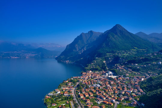 Flight on drone, aerial view of lake Iseo - Lago d'Iseo, Italy.	