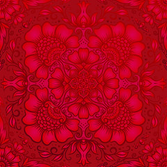 Eastern ethnic motif, traditional indian henna ornament. Seamless pattern, background in red colors. Vector illustration.