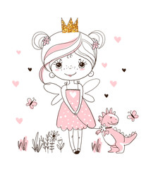 A cute little princess is walking with a home dinosaur. Hand drawn simple doodle illustration. Character for baby shower, birthday, invitation. Vector
