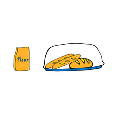 Vector doodle illustration of a bread box with three loaves of bread and a packet of flour