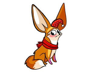 vector illustration, Christmas card, Christmas Fox with big ears, Fox Fenech in a hat for Christmas, for your holiday cards and websites