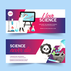 Science banner design with mortar, syringe, man watercolor illustration.