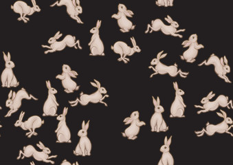 Seamless pattern, background with cute rabbits, hares. Colored vector illustration.