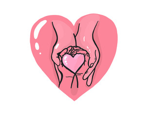 vector illustration of an element of the family, a large and a small heart in his hands, the palm of the child in the mother's arms