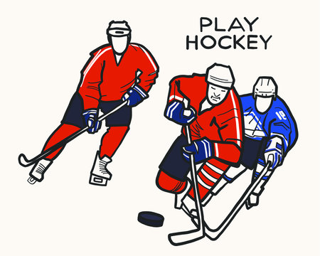 vector illustration, outline of hockey players. Hockey competitions, the struggle of athletes for leadership. Stylized athletes, sketch
