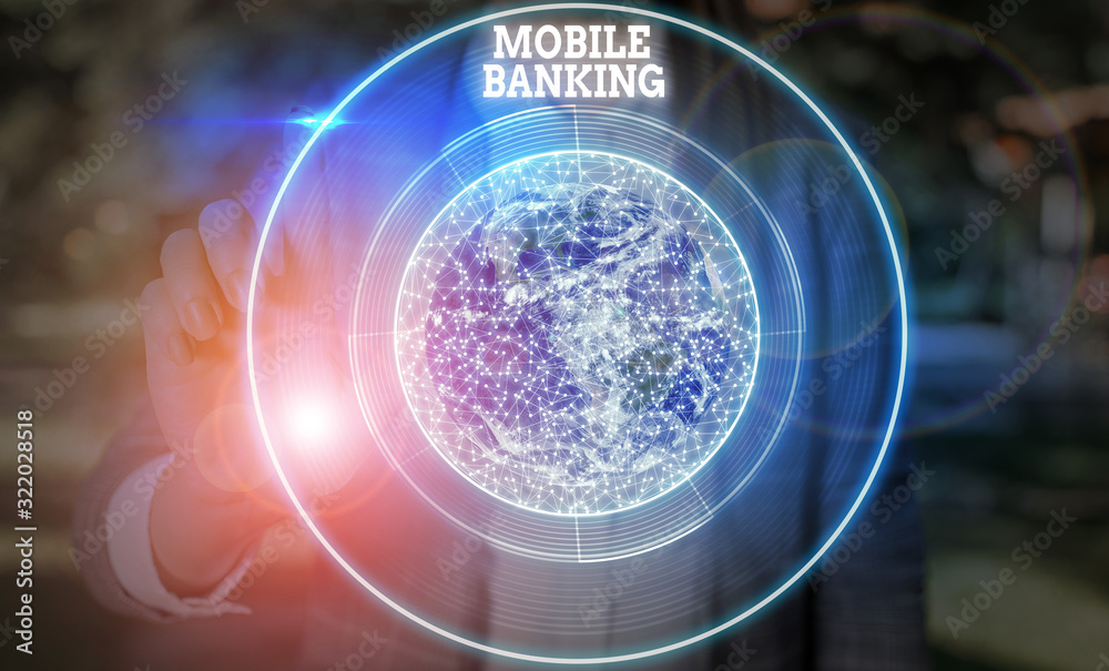 Poster writing note showing mobile banking. business concept for use of cellular device to perform online b