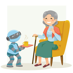 Elder care robot serving tea to a smiling senior woman