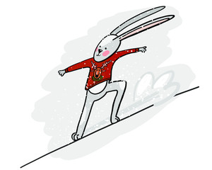 vector illustration for postcards for new year, Christmas, winter sports, fun. Funny rabbit sportsman, white hare